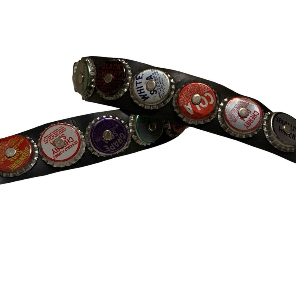Vintage Hippie Belt Rubber Firestone Car Buckle w/Aged Bottle Caps Sz 31 Y2K 90s - Picture 4 of 13